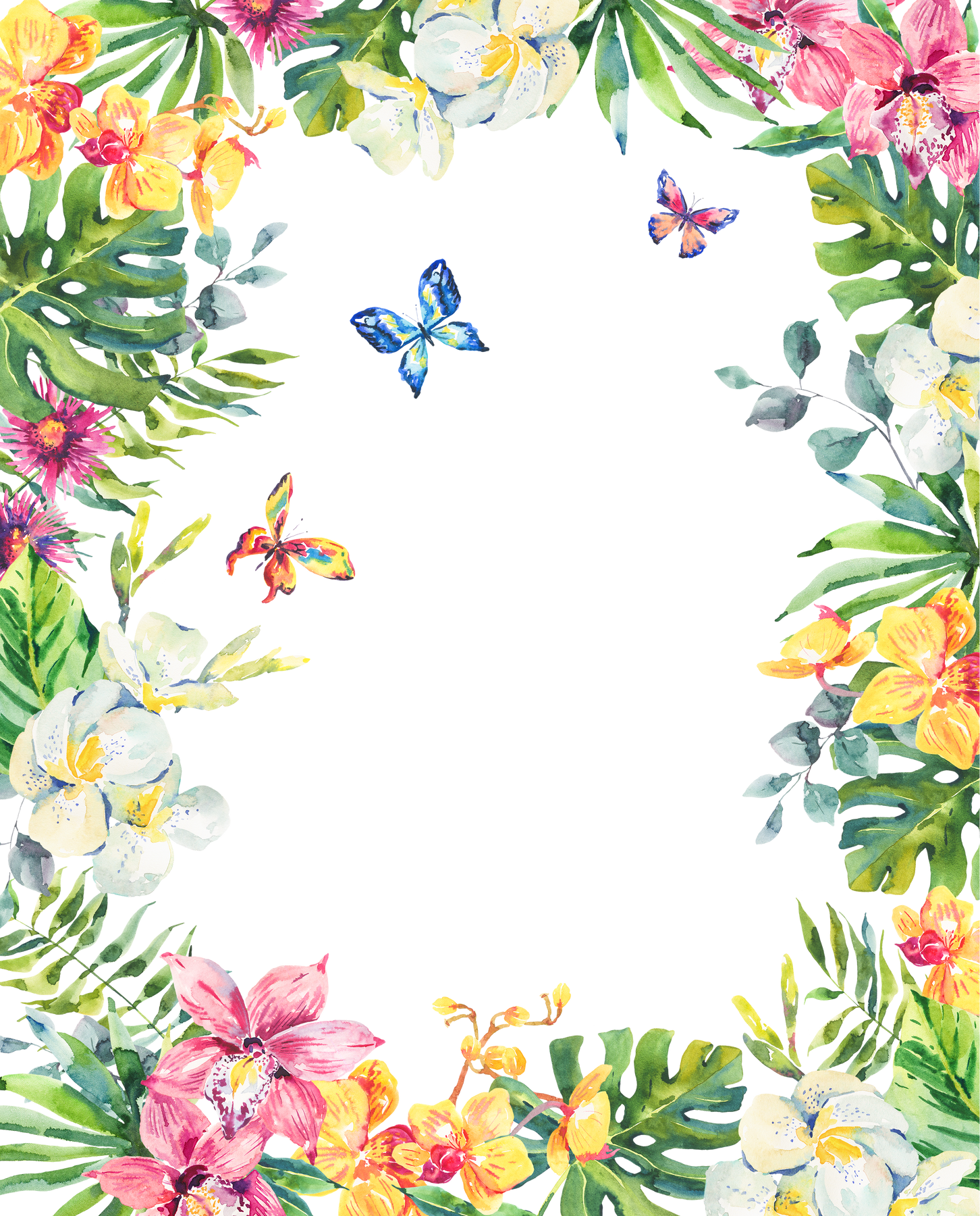 Watercolor Summer Tropical Flowers Frame